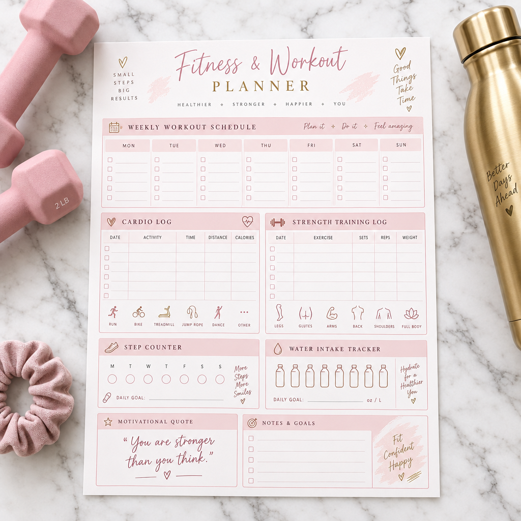 Feminine Fitness Planner Flat Lay