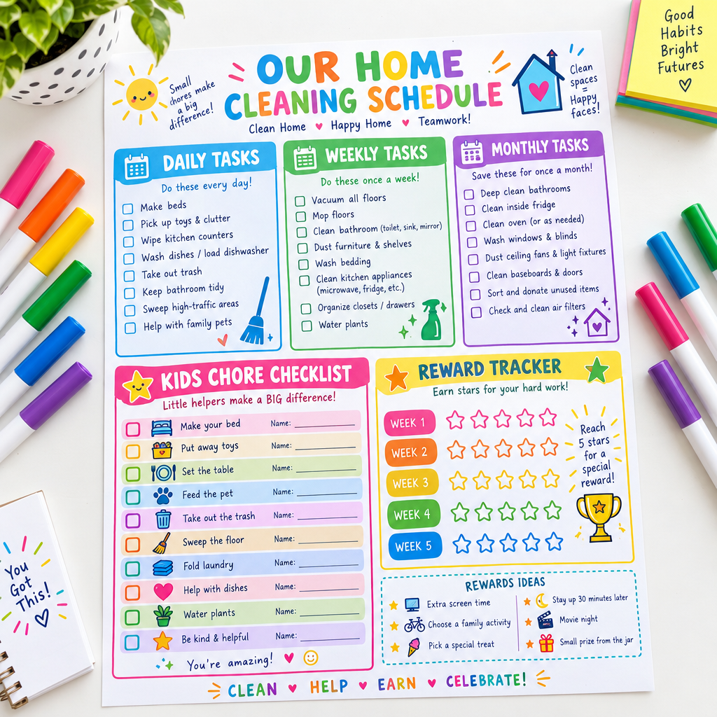 Home Cleaning Schedule and Kids Chore Chart Flat Lay
