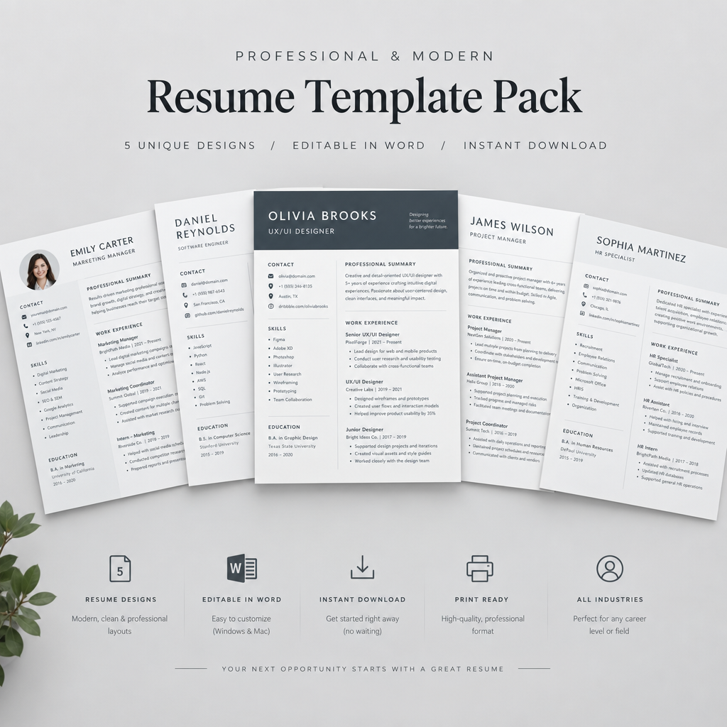 Resume Template Pack 3 Editable Word Resumes + Cover Letter (Instant D ...