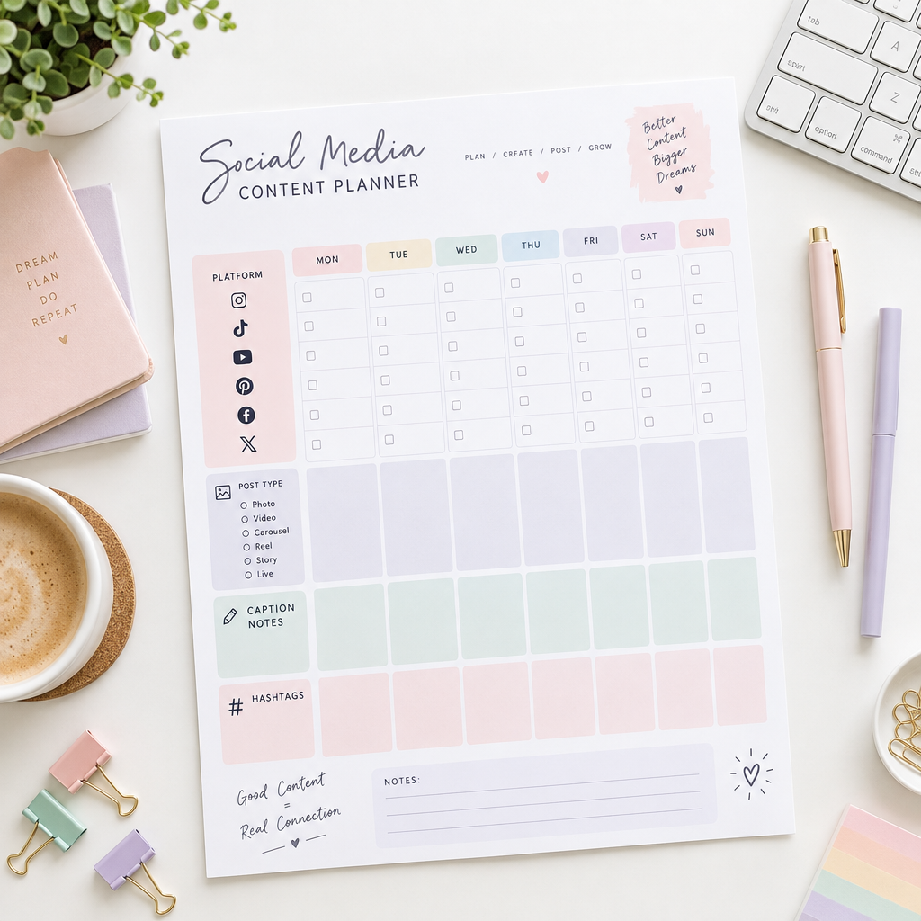 Social Media Content Planner Flat Lay